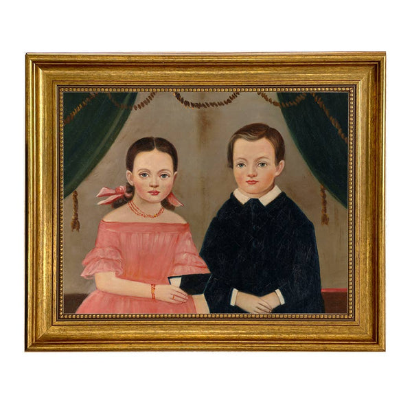 Girl in Pink with Brother, Painting Print on Canvas - Gold