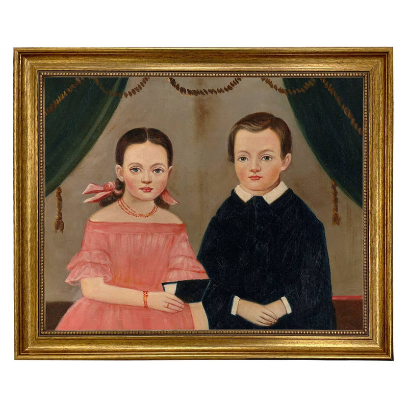 Girl in Pink with Brother, Painting Print on Canvas - Gold