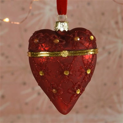 Bejeweled Heart Locket Ornament, Glass - Red - Red