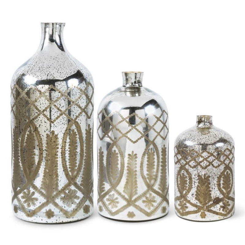 Etched Mercury Glass Bottle Vases