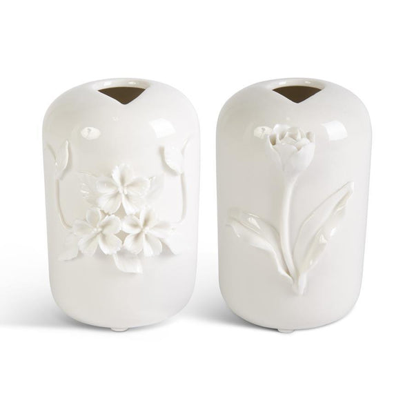 Assorted Tall White Ceramic Vase w/Raised Flowers (2 Styles)