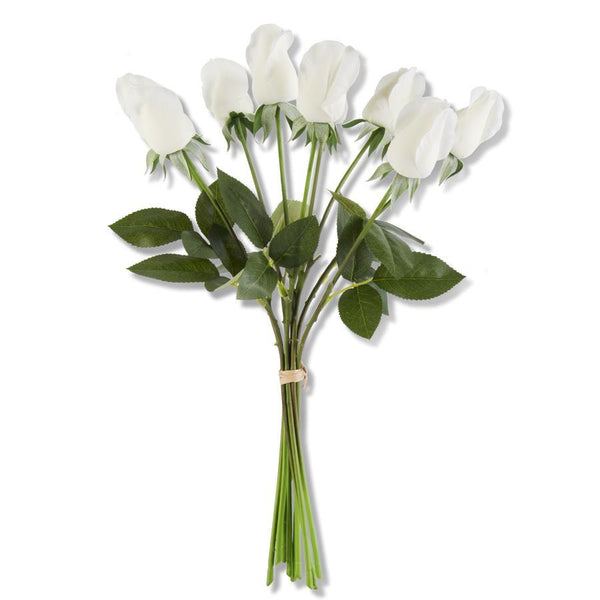 17.5" White Real Touch Rose Bud w/Foliage Bundle (9 Stems)