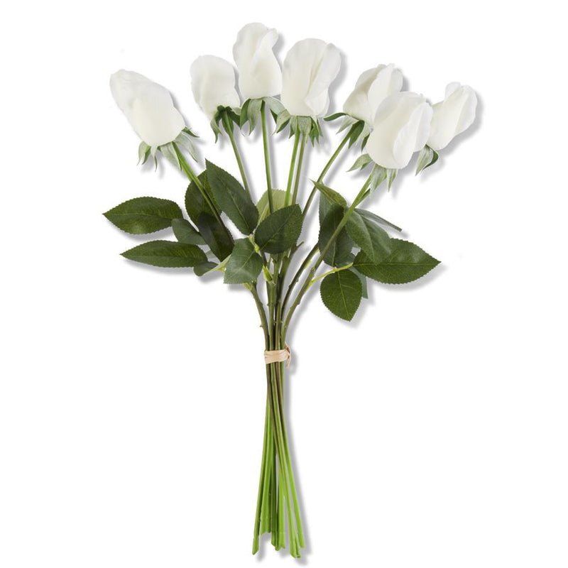 17.5" White Real Touch Rose Bud w/Foliage Bundle (9 Stems)
