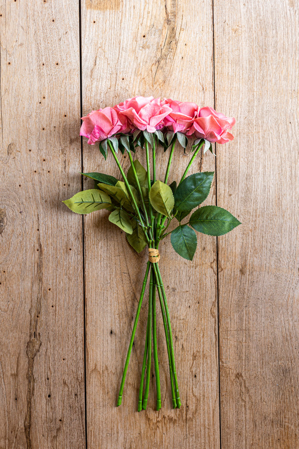 17 Inch Coral Real Touch Full Bloom Rose Stem w/Foliage Bundle (6