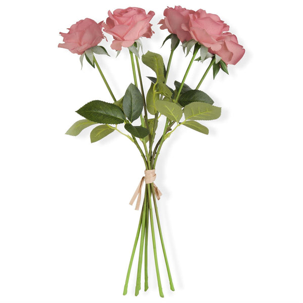 17 Inch Coral Real Touch Full Bloom Rose Stem w/Foliage Bundle (6