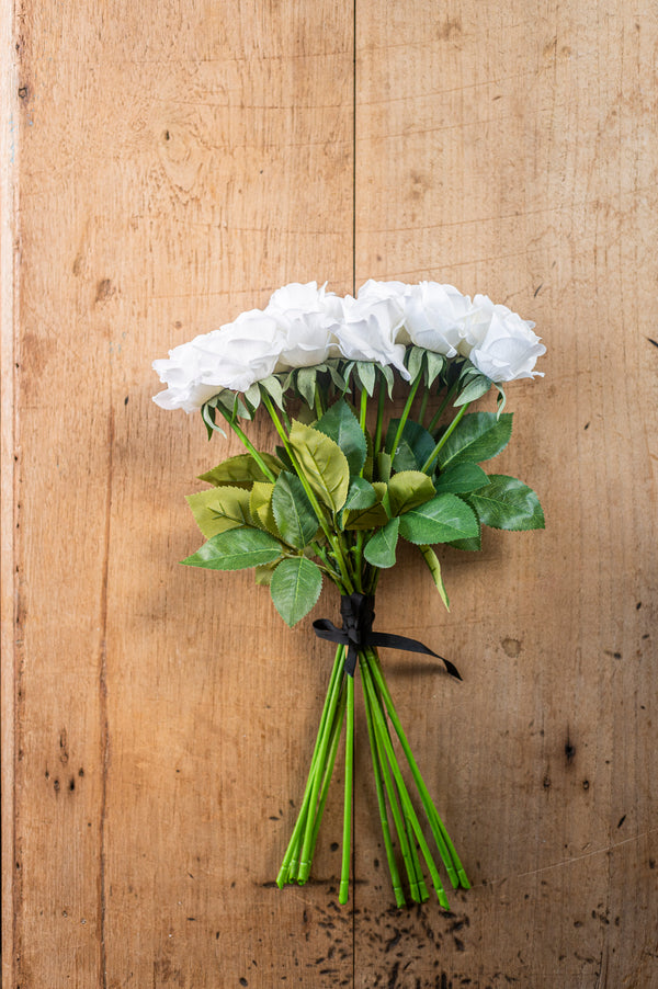 17" White Real Touch Full Bloom Rose Stem w/Foliage Bundle (6 Stems