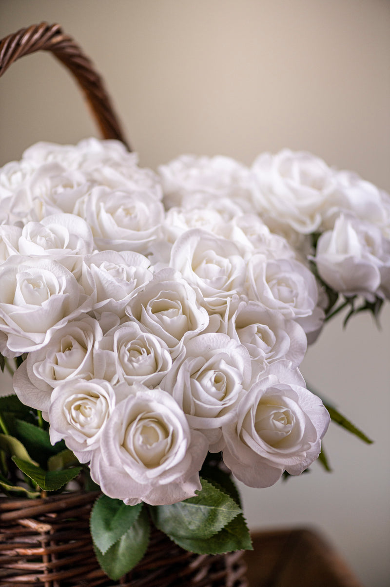 17" White Real Touch Full Bloom Rose Stem w/Foliage Bundle (6 Stems