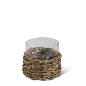 Clear Glass Cylinders in Woven Rattan Baskets