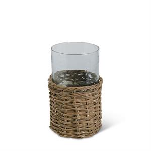 Clear Glass Cylinders in Woven Rattan Baskets