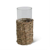 Clear Glass Cylinders in Woven Rattan Baskets