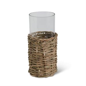 Clear Glass Cylinders in Woven Rattan Baskets