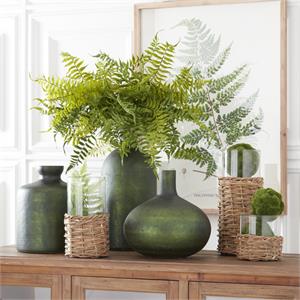 Clear Glass Cylinders in Woven Rattan Baskets