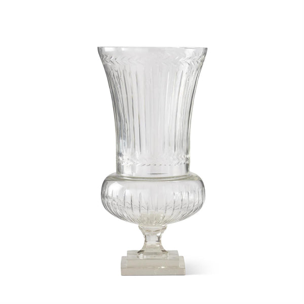 24" Etched Laurel Clear Glass Vase on Pedestal