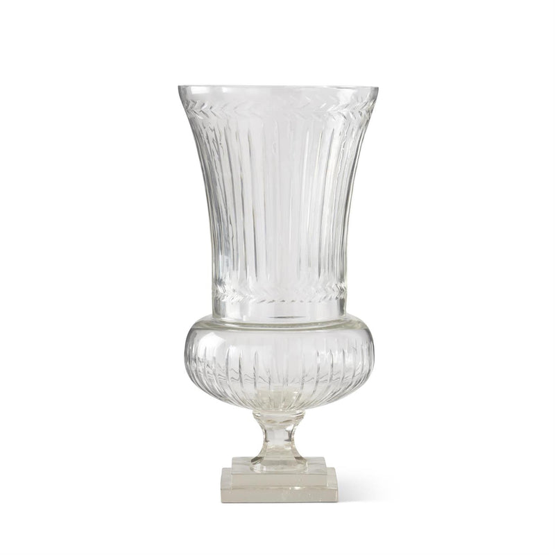 24" Etched Laurel Clear Glass Vase on Pedestal