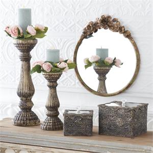 17.25" Rustic Metal Flower Topped Green Brown & Gold Round Mirror