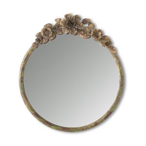 17.25" Rustic Metal Flower Topped Green Brown & Gold Round Mirror