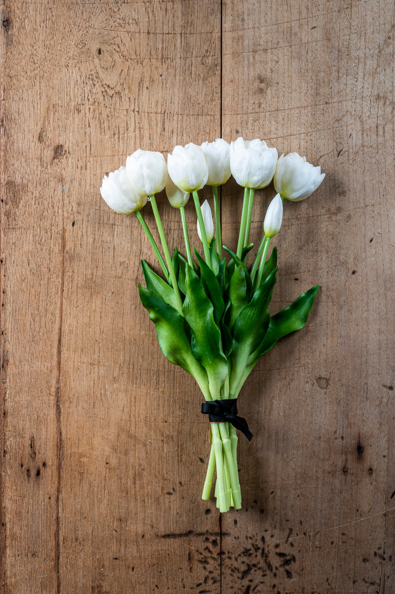 15" White Real Touch Tulip Bud & Bloom Bundle UV Protected (5 Stem)