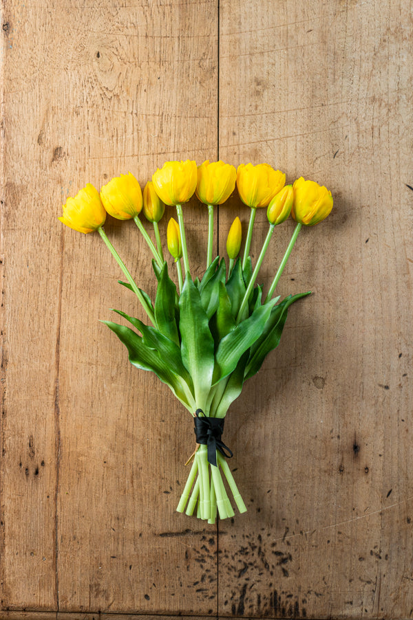 15" Yellow Real Touch Tulip Bud & Bloom Bundle UV Protected (5 Stem