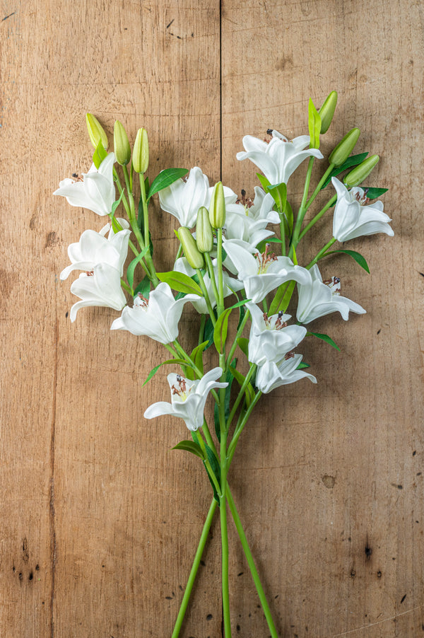 30" White Real Touch Lily 5 Blooms & 3 Buds Stem