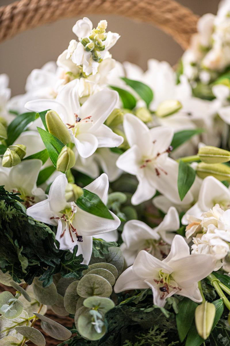 30" White Real Touch Lily 5 Blooms & 3 Buds Stem