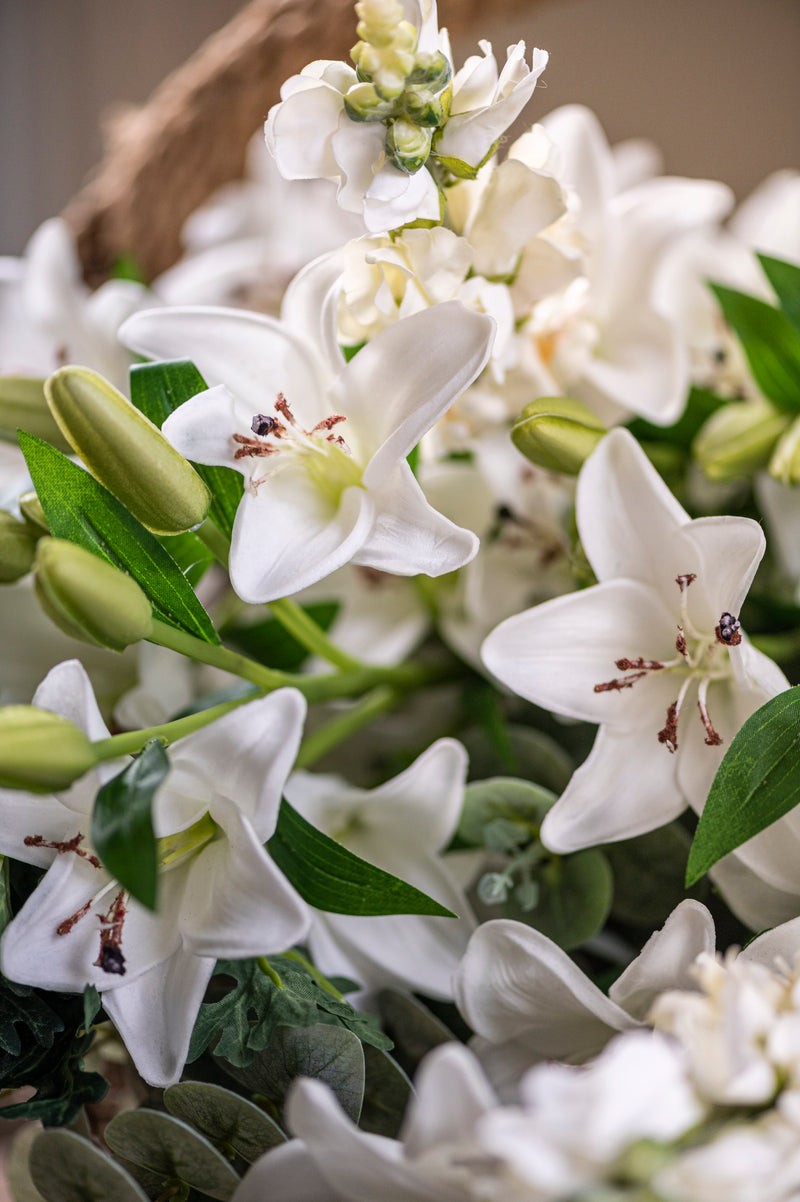 30" White Real Touch Lily 5 Blooms & 3 Buds Stem