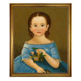 Girl in Blue Dress Framed Painting Print on Canvas - Gold Fr