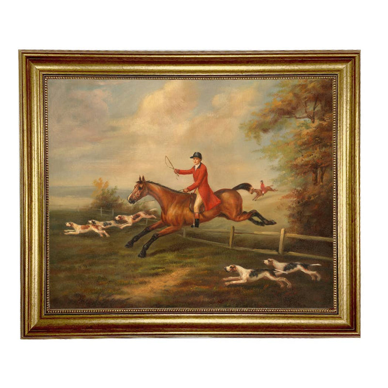 Fox Hunting Scene Oil Painting Print on Canvas, Gold Frame