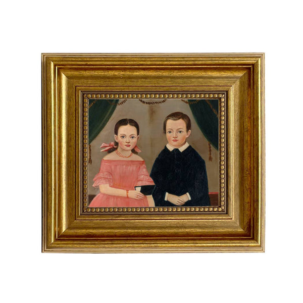 Girl in Pink with Brother, Painting Print on Canvas - Gold
