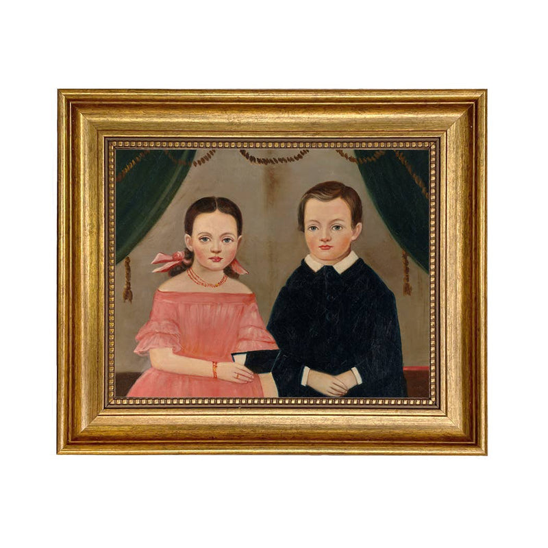 Girl in Pink with Brother, Painting Print on Canvas - Gold
