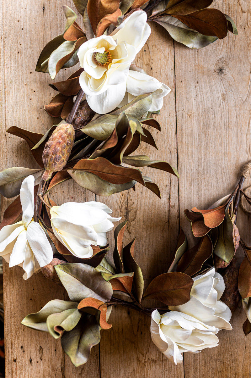 65 Inch White Real Touch Magnolia Garland