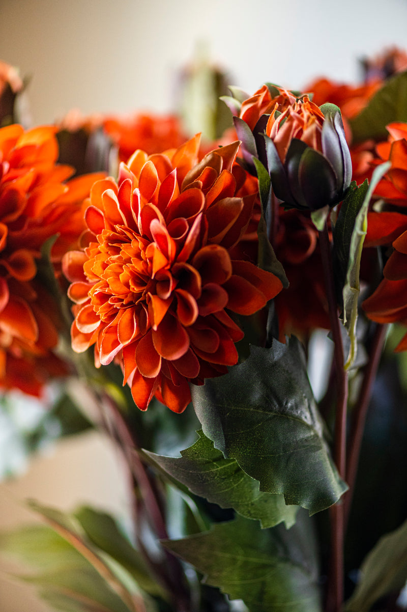 26 Inch Faux Dried Rust Bud & Blossom Dahlia Stem