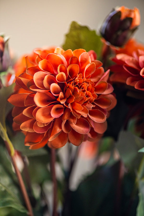 26 Inch Faux Dried Rust Bud & Blossom Dahlia Stem