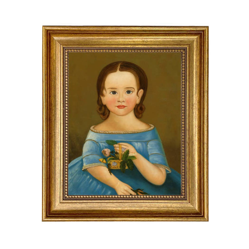 Girl in Blue Dress Framed Painting Print on Canvas - Gold Fr