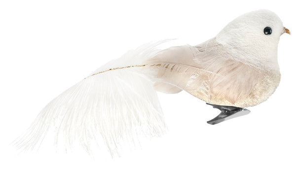 Feather bird w/ostrich tail cream 17cm