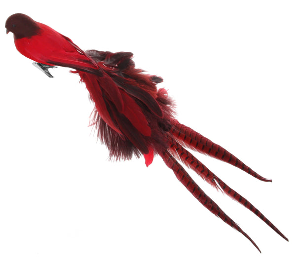 Bird with clip mixed feather tail red 70cm