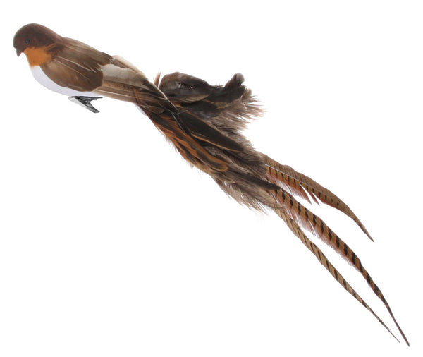 Bird with clip mixed feather tail brown-white 70cm