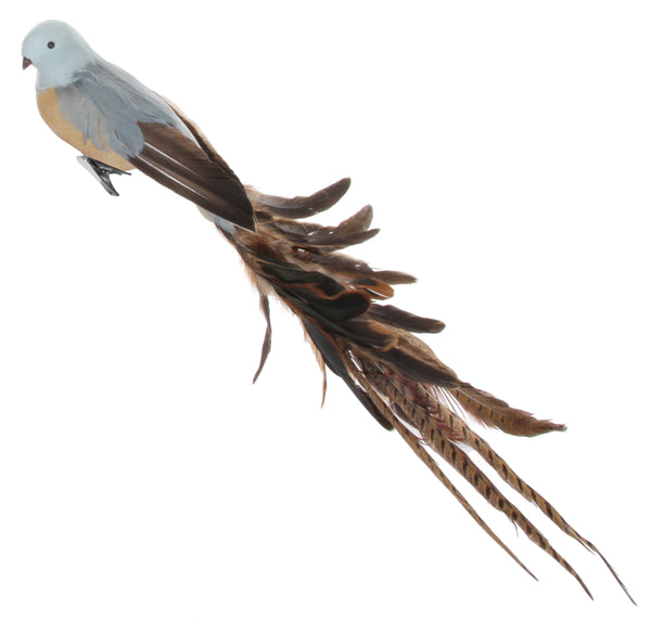 Bird with clip mixed feather tail blue-brown 50cm