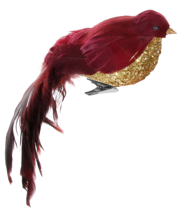 Bird with clip gold glitter burgundy fea