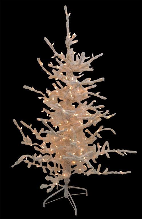 7' FLOCKED TWIG TREE, PRE-LIT W/300 CLEAR LIGHTS, 631 TIPS, 62" DIAMETER,