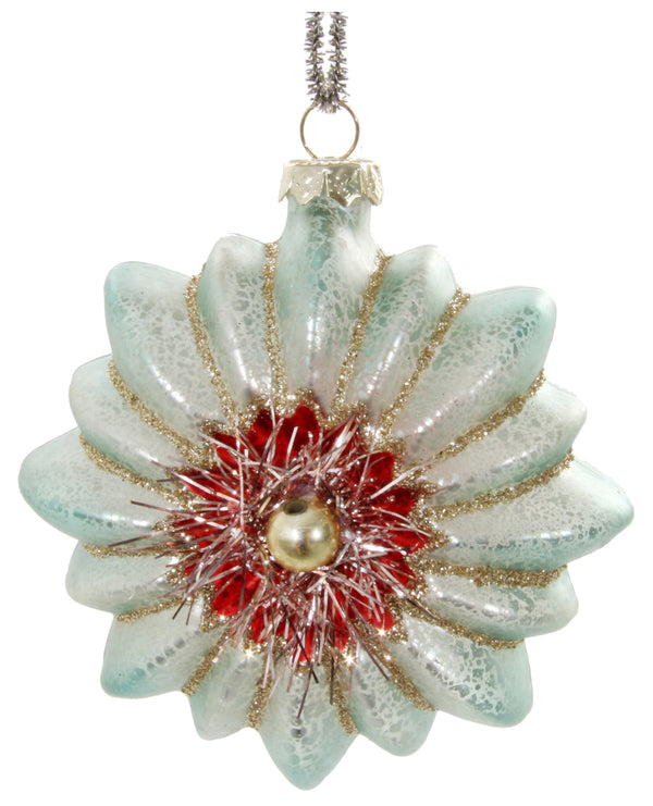 Glass flower with tinsel blue 9cm