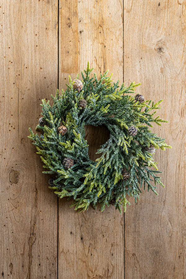 17 Inch Snowy Juniper Wreath w/Mini Pinecones