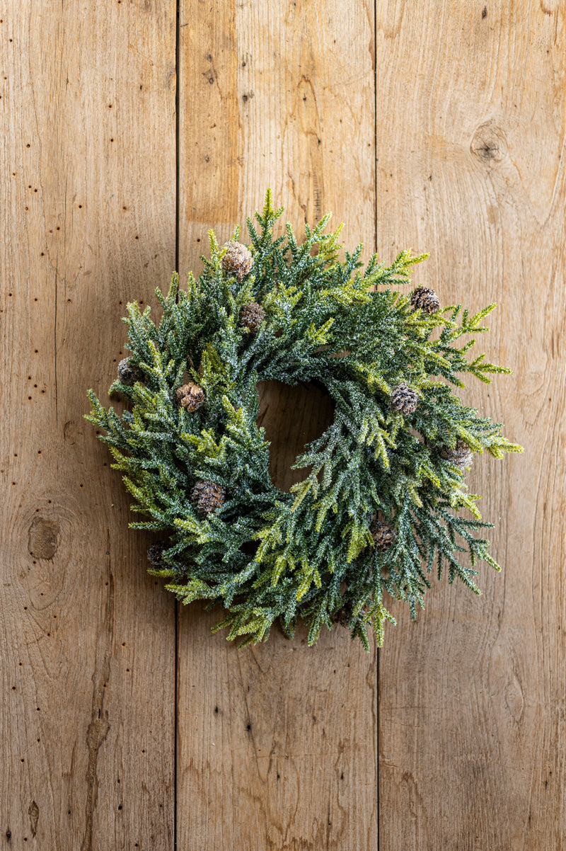 17 Inch Snowy Juniper Wreath w/Mini Pinecones