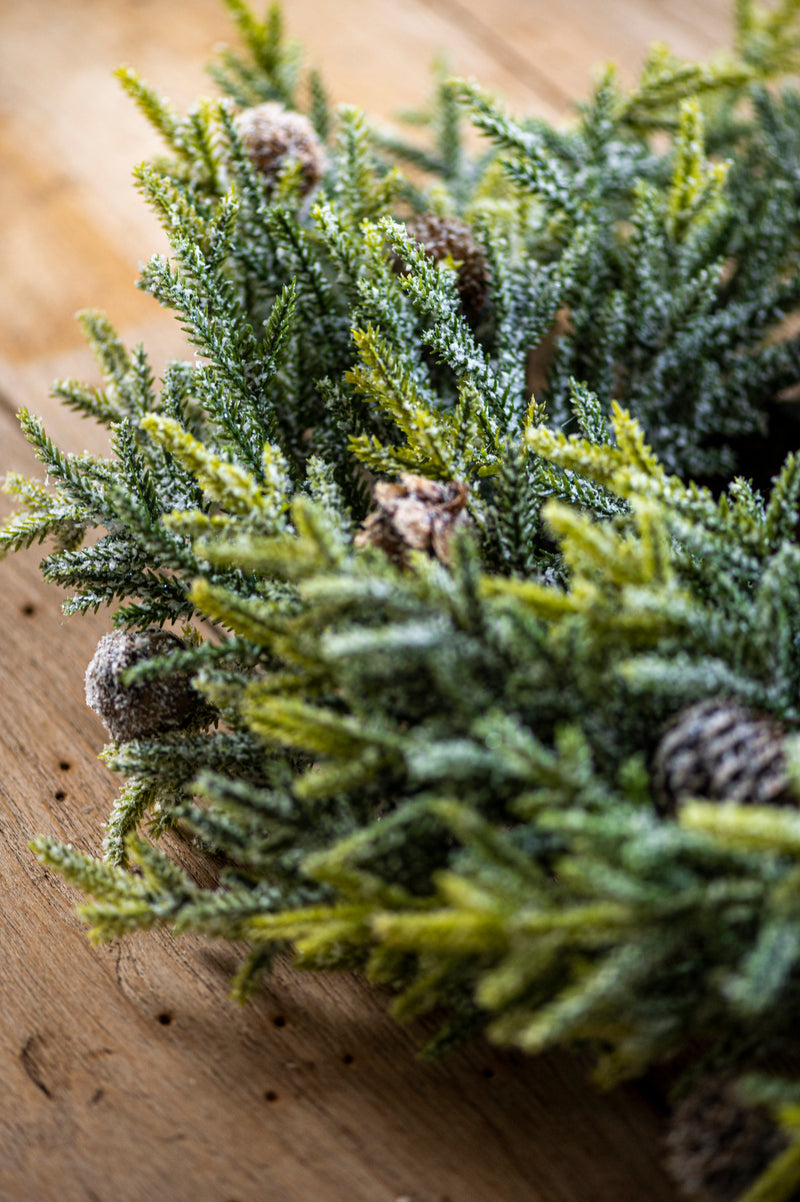 17 Inch Snowy Juniper Wreath w/Mini Pinecones