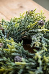 17 Inch Snowy Juniper Wreath w/Mini Pinecones