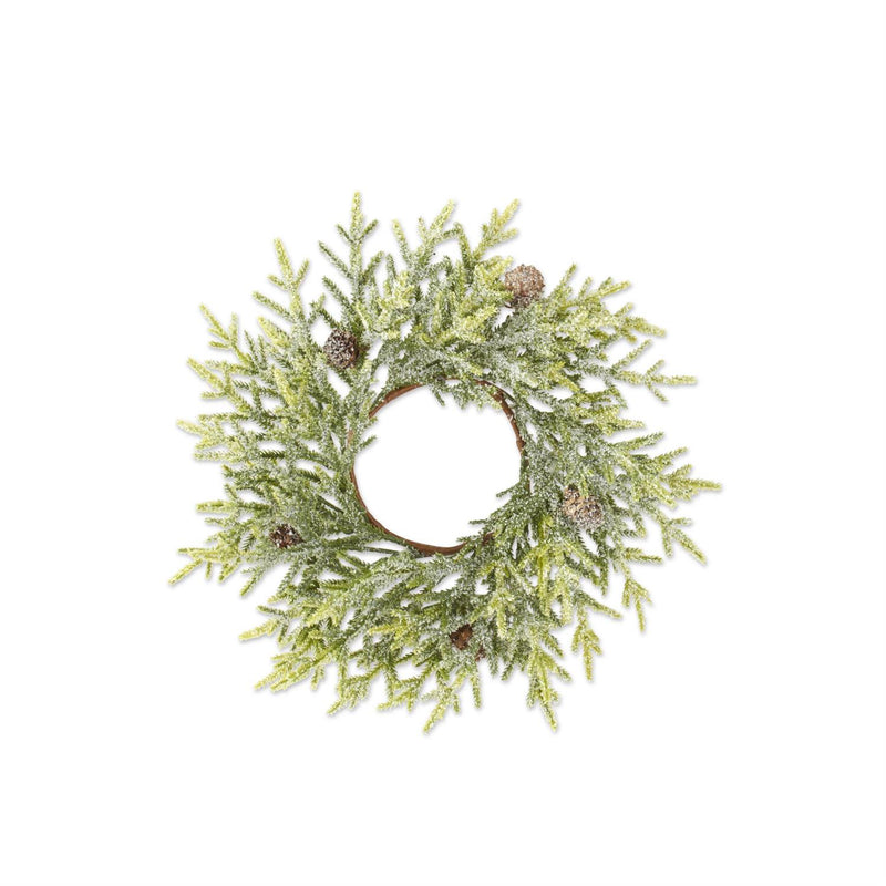 14 Inch Snowy Juniper Candle Ring w/Mini Pineco