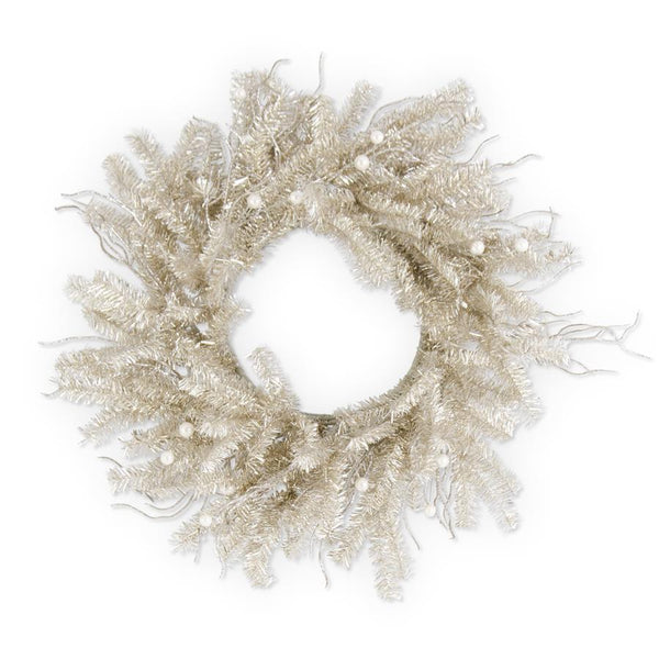 24 Inch Champagne Tinsel Twig and Pearl Wreath