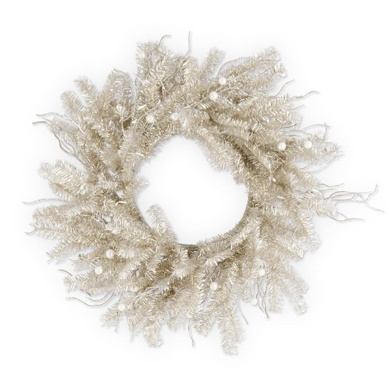 24 Inch Champagne Tinsel Twig and Pearl Wreath