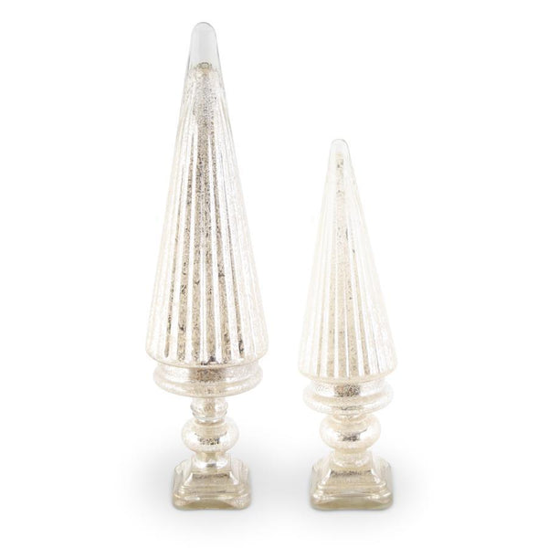 Set of 2 Ribbed Silver Mercury Glass LED Trees on Sq