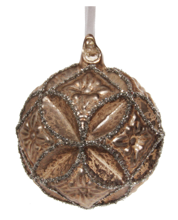 Glass floral ball antique grey silver glitter 8cm