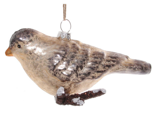 Glass bird silver-grey on glitter branch